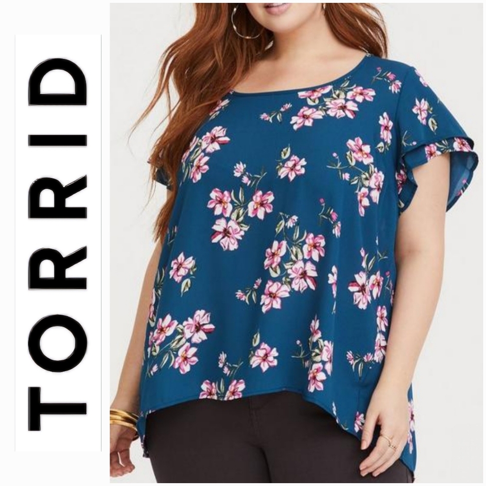 Torrid Georgette Flutter Sleeve Blouse Blue Floral 4X NWOT NEW